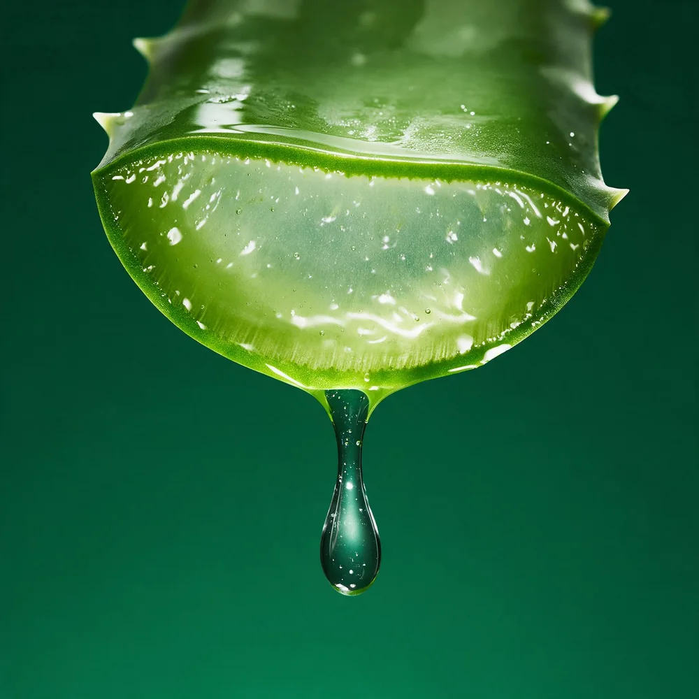 Folha de babosa cortada mostrando o gel transparente, com uma gota escorrendo