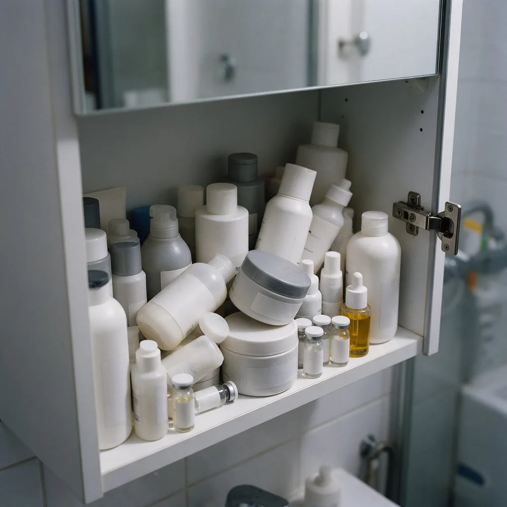 Armário de banheiro lotado de produtos capilares pela metade