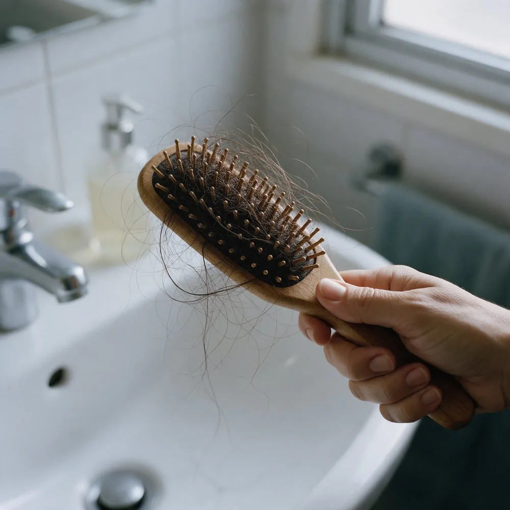Escova de cabelo cheia de fios caídos sobre a pia