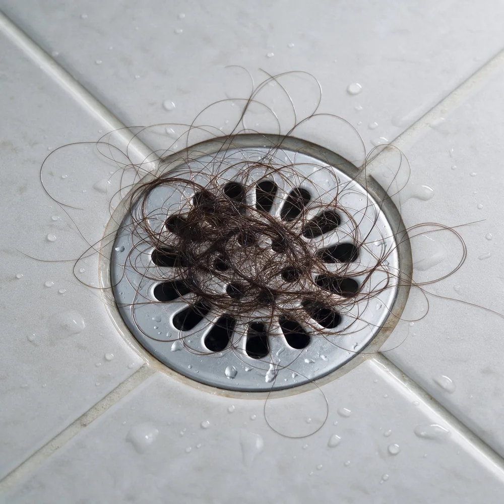 Tufo de fios de cabelo preso no ralo do box