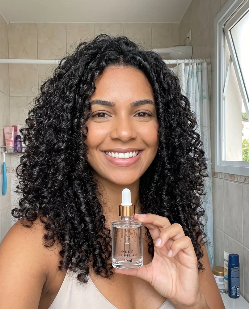 Mulher de cabelo cacheado sorrindo no banheiro com o frasco de Babosa Premium